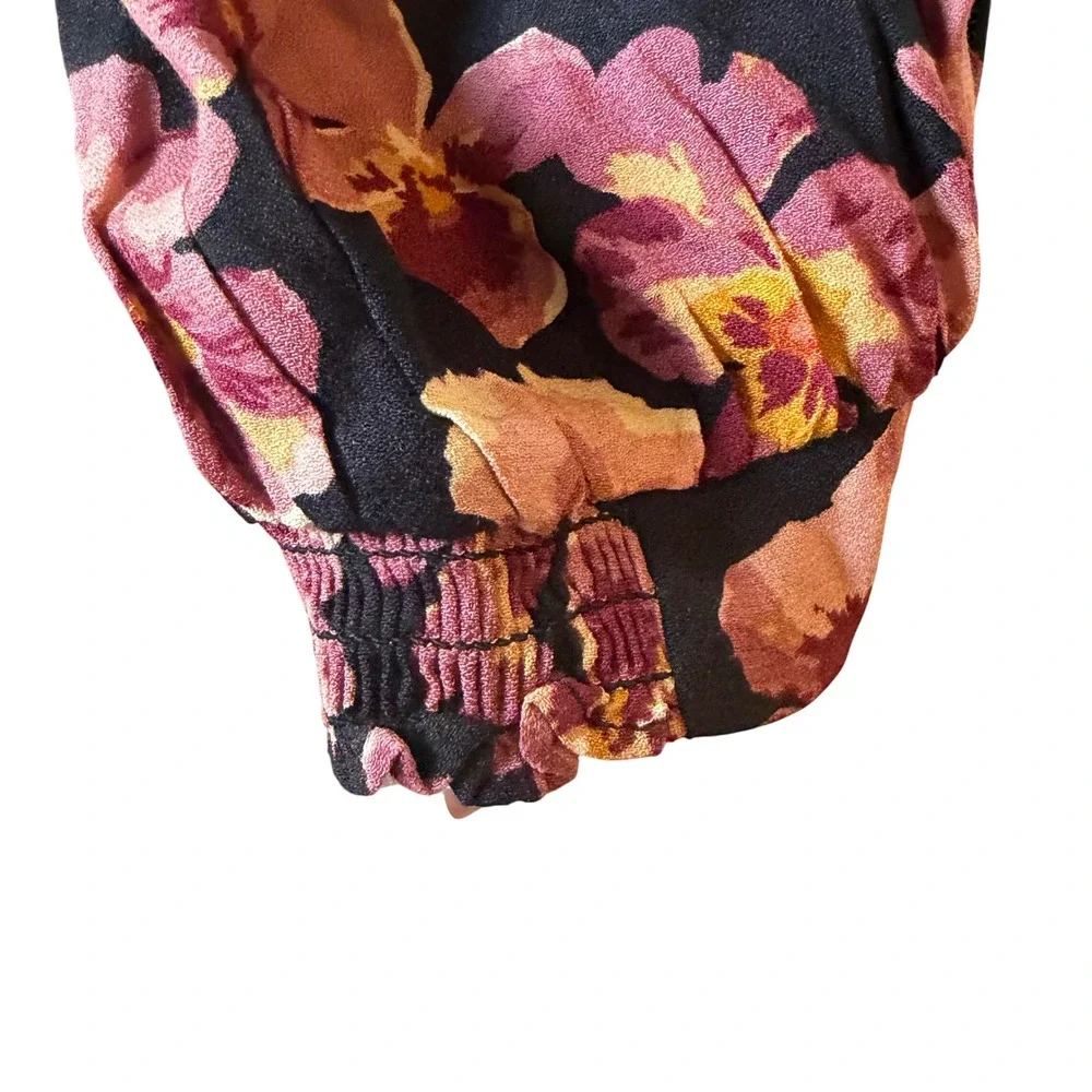 Reformation Joelle Floral Tie Neck Blouse Pansy Romantic Short Sleeve Large Boho